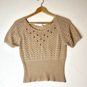 Carrosa Rosette Embroidered Short Sleeve Pointelle Sweater